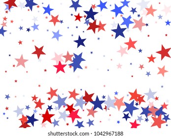 American Independence Day stars background.  Holiday confetti in US flag colors for Independence Day. Red blue stars flying American patriotic background. 4th of July stardust on white.