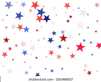 American Independence Day stars background.  Holiday confetti in US flag colors for President Day. Red blue stars American patriotic graphics. July 4th stardust elements.