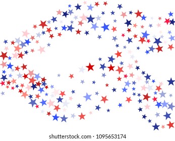 American Independence Day stars background.  Holiday confetti in US flag colors for President Day. Red blue stars American patriotic pattern. 4th of July festive stardust.