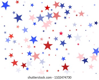 American Independence Day stars background.  Holiday confetti in USA flag colors for President Day. Red blue stars American patriotic banner. 4th of July festive stardust.