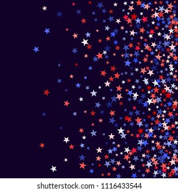 American Independence Day stars background.  Holiday confetti in USA flag colors for President Day. Red blue white stars American patriotic graphics. July 4 holiday stardust on dark blue.