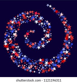 American Independence Day stars background.  Holiday confetti in USA flag colors for Independence Day. Red blue stars American patriotic background. July 4 holiday stardust on dark blue.