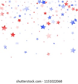 American Independence Day stars background. Holiday confetti in USA flag colors for Patriot Day.  Solemn red blue white stars on white American patriotic vector. 4th of July holiday stardust.