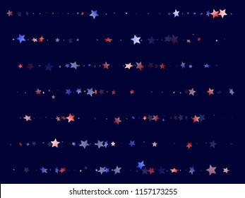 American Independence Day stars background. Holiday confetti in USA flag colors for Presidents Day.  Stylish red blue white stars on dark American patriotic vector. 4th of July holiday stardust.