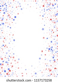 American Independence Day stars background. Holiday confetti in US flag colors for Patriot Day. Vivid red blue white stars on white American patriotic vector. Fourth of July stardust scatter.