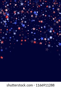 American Independence Day stars background. Confetti in US flag colors for Independence Day.  Poster red blue white stars on dark American patriotic vector. 4th of July holiday stardust.