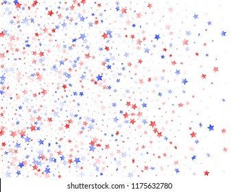 American Independence Day stars background. Confetti in USA flag colors for Independence Day.  Poster red blue white stars on white American patriotic vector. July 4th stardust elements.