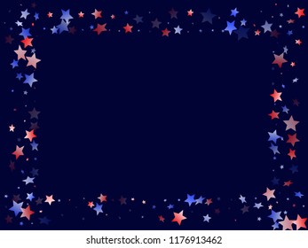 American Independence Day stars background. Holiday confetti in USA flag colors for Presidents Day. Gradient red blue white stars on dark American patriotic vector. July 4th stardust confetti.