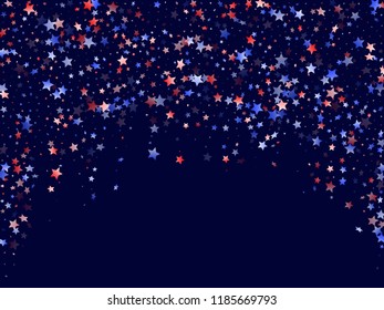 American Independence Day stars background. Holiday confetti in USA flag colors for Patriot Day.  Minimal red blue white stars on dark American patriotic vector. 4th of July holiday stardust.