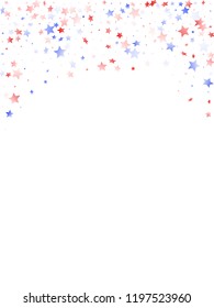 American Independence Day stars background. Holiday confetti in USA flag colors for Patriot Day. Trendy red blue white stars on white American patriotic vector. July 4th stardust confetti.