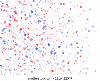 American Independence Day stars background. Holiday confetti in USA flag colors for Presidents Day.  Cool red blue white stars on white American patriotic vector. 4th of July stardust confetti.