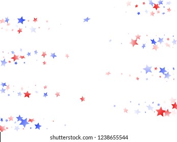 American Independence Day stars background. Holiday confetti in US flag colors for President Day. Gradient red blue white stars on white American patriotic vector. July 4th stardust confetti.