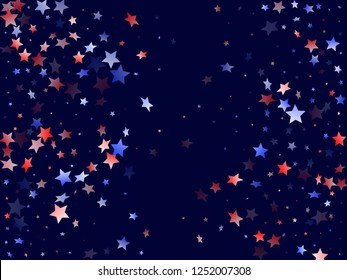 American Independence Day stars background. Holiday confetti in US flag colors for Patriot Day.  Banner red blue white stars on dark American patriotic vector. Fourth of July holiday stardust.