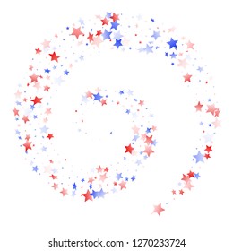 American Independence Day stars background. Holiday confetti in USA flag colors for Presidents Day.  Festive red blue white stars on white American patriotic vector. July 4th holiday stardust.