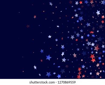 American Independence Day stars background. Confetti in USA flag colors for Independence Day. Minimal red blue white stars on dark American patriotic vector. July 4th holiday stardust.