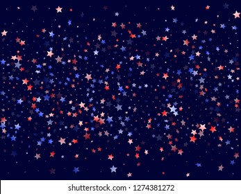 American Independence Day stars background. Confetti in USA flag colors for Independence Day.  Banner red blue white stars on dark American patriotic vector. 4th of July stardust confetti.