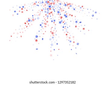 American Independence Day stars background. Confetti in USA flag colors for Independence Day.  Trendy red blue white stars on white American patriotic vector. 4th of July stardust scatter.