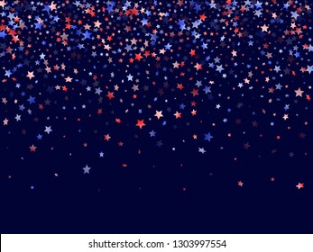 American Independence Day stars background. Holiday confetti in USA flag colors for Patriot Day.  Navy red blue white stars on dark American patriotic vector. July 4th stardust elements.