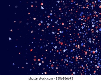 American Independence Day stars background. Holiday confetti in USA flag colors for Presidents Day.  Trendy red blue white stars on dark American patriotic vector. 4th of July stardust scatter.