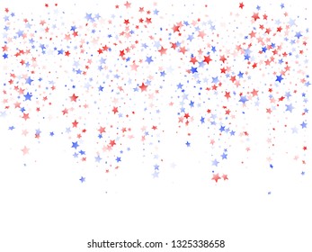 American Independence Day stars background. Holiday confetti in USA flag colors for Presidents Day.  Navy red blue white stars on white American patriotic vector. July 4th holiday stardust.