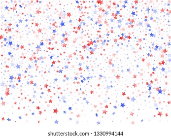 American Independence Day stars background. Holiday confetti in US flag colors for President Day.  Stylish red blue white stars on white American patriotic vector. 4th of July stardust confetti.