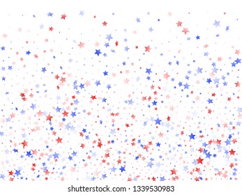 American Independence Day stars background. Confetti in US flag colors for Independence Day.  Gradient red blue white stars on white American patriotic vector. July 4th stardust confetti.