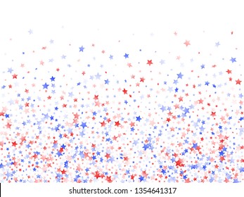 American Independence Day stars background. Holiday confetti in US flag colors for Patriot Day. Minimal red blue white stars on white American patriotic vector. 4th of July holiday stardust.