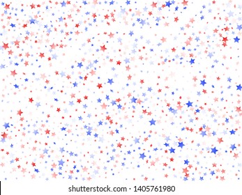 American Independence Day stars background. Holiday confetti in US flag colors for Patriot Day. Trendy red blue white stars on white American patriotic vector. Fourth of July stardust scatter.