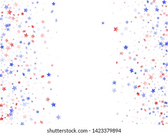 American Independence Day stars background. Confetti in USA flag colors for Independence Day.  Trendy red blue white stars on white American patriotic vector. Fourth of July stardust scatter.