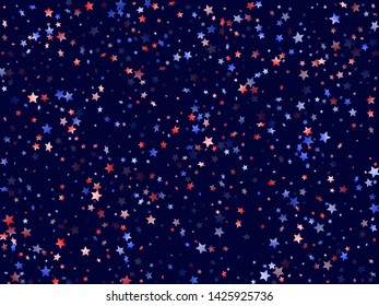 American Independence Day stars background. Holiday confetti in USA flag colors for Presidents Day.  Gradiental red blue white stars on dark American patriotic vector. July 4th stardust confetti.