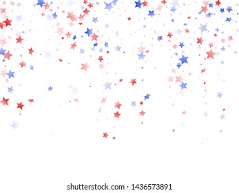 American Independence Day stars background. Holiday confetti in USA flag colors for Presidents Day.  Banner red blue white stars on white American patriotic vector. July 4th holiday stardust.