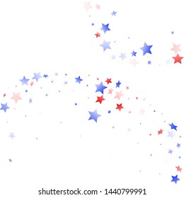 American Independence Day stars background. Holiday confetti in US flag colors for President Day.  Simple red blue white stars on white American patriotic vector. July 4th stardust confetti.