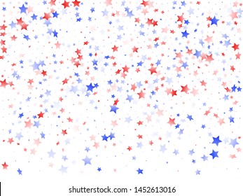 American Independence Day stars background. Confetti in US flag colors for Independence Day.  Gradient red blue white stars on white American patriotic vector. Fourth of July stardust scatter.