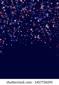American Independence Day stars background. Holiday confetti in US flag colors for President Day.  Cool red blue white stars on dark American patriotic vector. 4th of July stardust confetti.