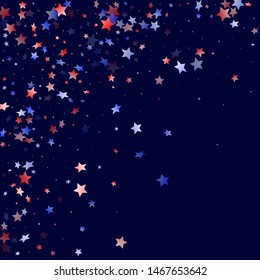 American Independence Day stars background. Confetti in USA flag colors for Independence Day.  Trendy red blue white stars on dark American patriotic vector. Fourth of July holiday stardust.