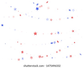 American Independence Day stars background. Holiday confetti in USA flag colors for Patriot Day.  Minimal red blue white stars on white American patriotic vector. 4th of July stardust scatter.