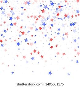 American Independence Day stars background. Holiday confetti in USA flag colors for Patriot Day.  Festive red blue white stars on white American patriotic vector. 4th of July stardust scatter.
