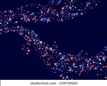 American Independence Day stars background. Holiday confetti in USA flag colors for Patriot Day.  Solemn red blue white stars on dark American patriotic vector. 4th of July holiday stardust.