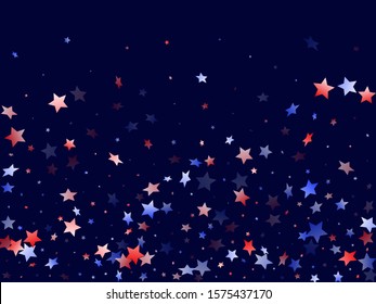American Independence Day stars background. Holiday confetti in USA flag colors for Presidents Day.  Minimal red blue white stars on dark American patriotic vector. July 4th stardust confetti.