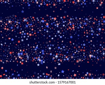 American Independence Day stars background. Holiday confetti in US flag colors for President Day.  Vivid red blue white stars on dark American patriotic vector. 4th of July stardust scatter.