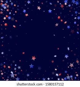 American Independence Day stars background. Confetti in US flag colors for Independence Day. Cool red blue white stars on dark American patriotic vector. 4th of July stardust confetti.