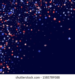 American Independence Day stars background. Holiday confetti in US flag colors for Patriot Day. Gradiental red blue white stars on dark American patriotic vector. 4th of July holiday stardust.