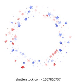 American Independence Day stars background. Confetti in US flag colors for Independence Day. Solemn red blue white stars on white American patriotic vector. 4th of July stardust confetti.