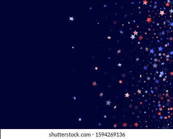 American Independence Day stars background. Holiday confetti in US flag colors for Patriot Day. Festive red blue white stars on dark American patriotic vector. July 4th holiday stardust.