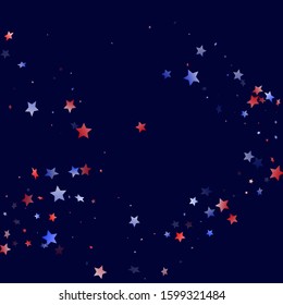 American Independence Day stars background. Confetti in USA flag colors for Independence Day.  Cool red blue white stars on dark American patriotic vector. Fourth of July stardust scatter.