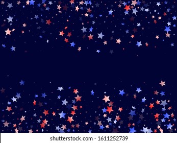 American Independence Day stars background. Holiday confetti in USA flag colors for Patriot Day. Cool red blue white stars on dark American patriotic vector. July 4th holiday stardust.