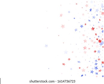 American Independence Day stars background. Holiday confetti in US flag colors for President Day. Navy red blue white stars on white American patriotic vector. Fourth of July stardust scatter.