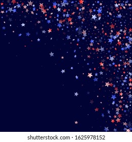 American Independence Day stars background. Holiday confetti in USA flag colors for Patriot Day. Gradiental red blue white stars on dark American patriotic vector. 4th of July holiday stardust.