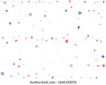 American Independence Day stars background. Confetti in US flag colors for Independence Day.  Banner red blue white stars on white American patriotic vector. 4th of July stardust scatter.