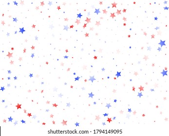 American Independence Day stars background. Holiday confetti in USA flag colors for Patriot Day.  Solemn red blue white stars on white American patriotic vector. July 4th stardust confetti.